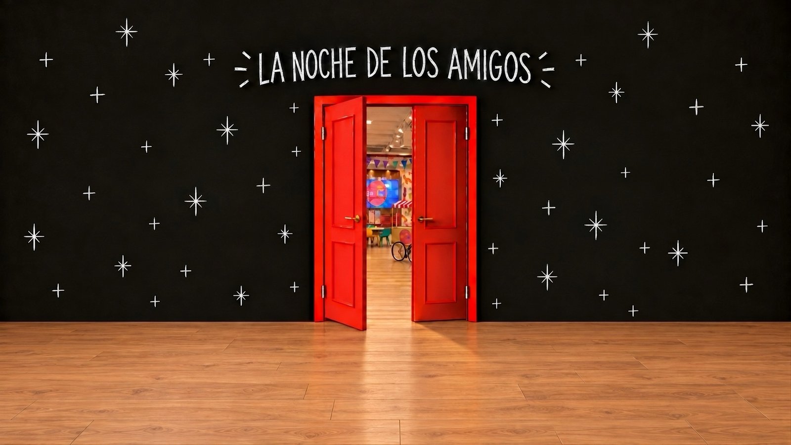 Puerta roja abierta sobre una pared de pizarra: La noche de los amigos